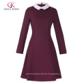 Grace Karin Frauen Stylish &amp; Slim Fit Langarm Kontrast Farbe Puppe Kragen Wein Rot A-Line Kleid CL010470-2